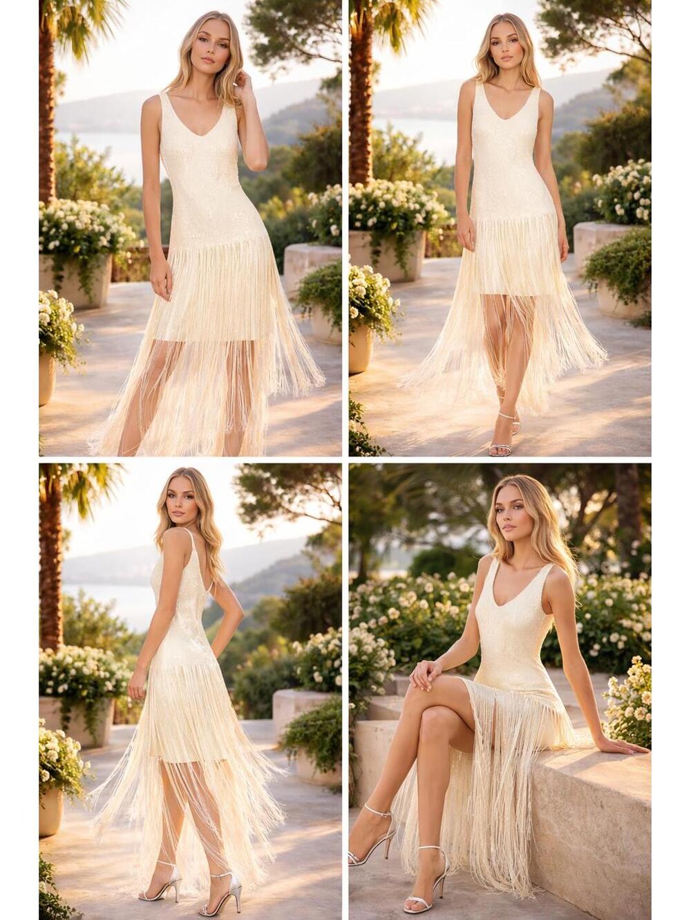Badgley Mischka Emilia Tiered Sequin Fringe V-Neck Dress Butter Yellow * 4 Party - Picture 8 of 8